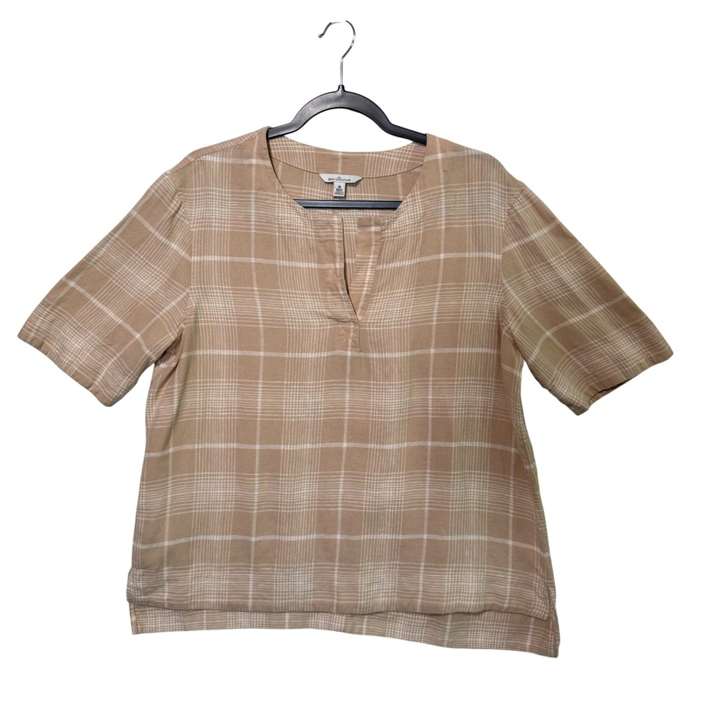 LL Bean Signature Plaid Linen Rayon Split Neck Top Womens Medium Gorpcore Soft